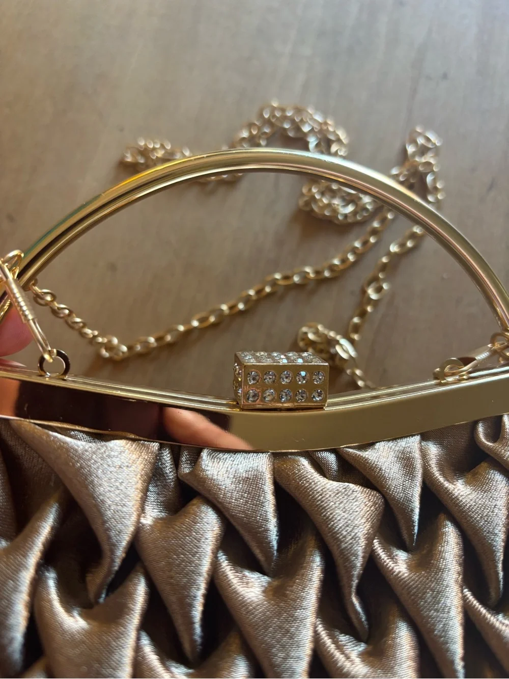 NWT Gold Pleated Satin Evening Clutch with Rhinestone Clasp Chain Strap Event
